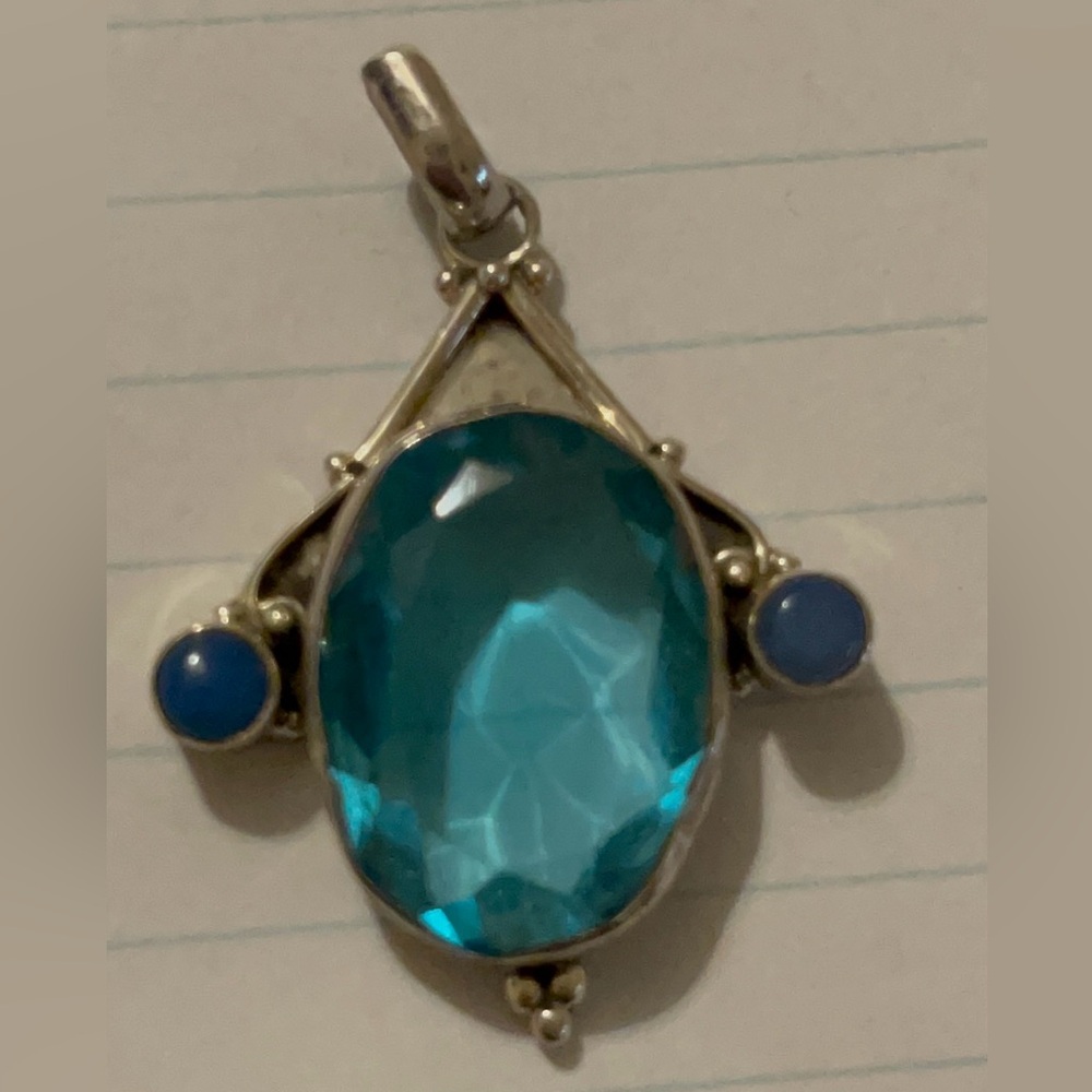 Sterling Silver Teal Blue Glass Teardrop Gemstone Pendant
